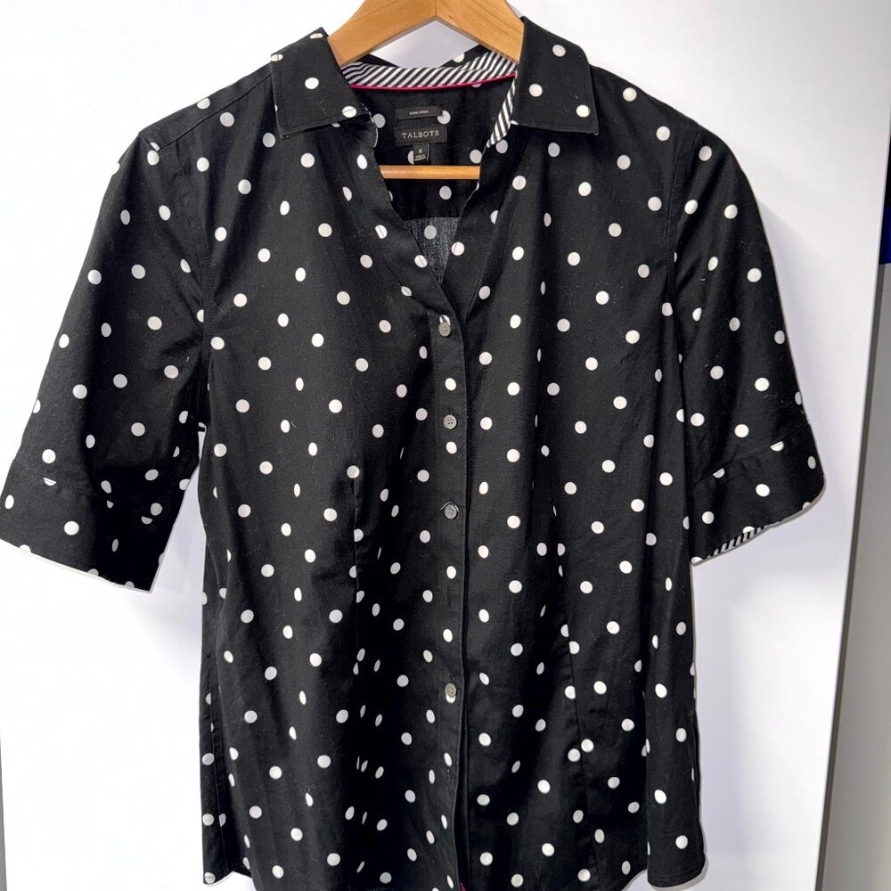 Talbots Sz 8 Short Sleeve Collared Bottom Up Black & White Polka Dot